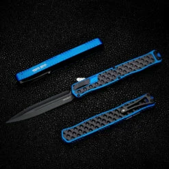 HERETIC CLERIC 2 OTF AUTO- DOUBLE EDGE - BLUE HANDLE- TEXTURED BLACK INLAY- DLC BLACK PLAIN EDGE BLADE H020-4A-BLU